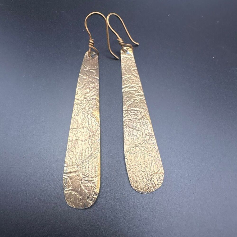 Brass Earrings, 3” long, Handmade, Red Brass, Patterned Brass